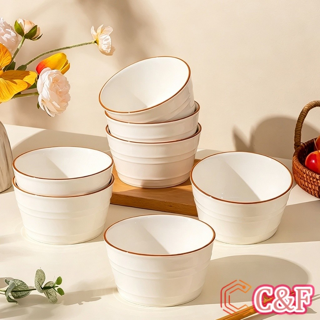 C&F ชามจานเซรามิกสไตล์ครีมขอบสีน้ำตาล ชามข้าวชามก๋วยเตี๋ยวจานสลัดจานผัด สำหรับใช้ในบ้าน 1 ชิ้น Ceramic Bowl Plate