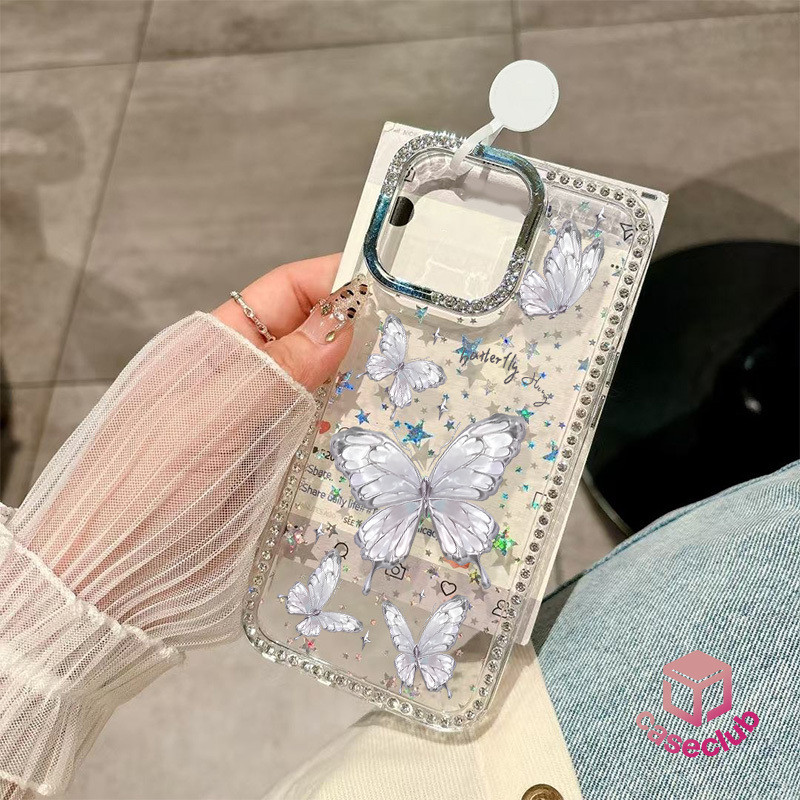 เคสลายผีเสื้อสีเงิน ดาวประดับคริสตัล สำหรับ iPhone Air 12 Pro 16 Plus 13 15 Pro 11 14 17 Pro Max เคสโทรศัพท์ประดับเพชร