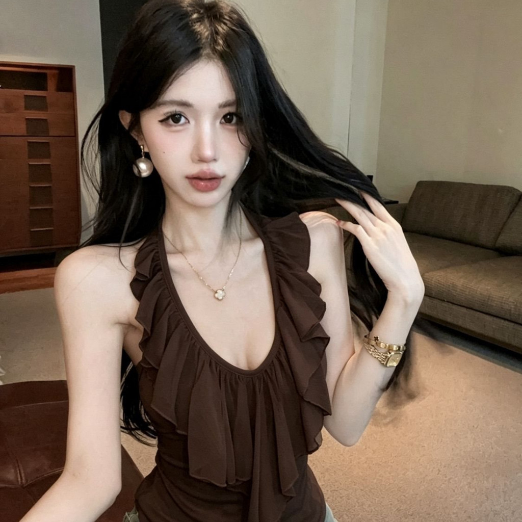 Verve ตู้เสื้อผ้าคอวี Halter Camisole Top การออกแบบฤดูร้อนล่าสุดเสื้อเปลือยสําหรับผู้หญิง