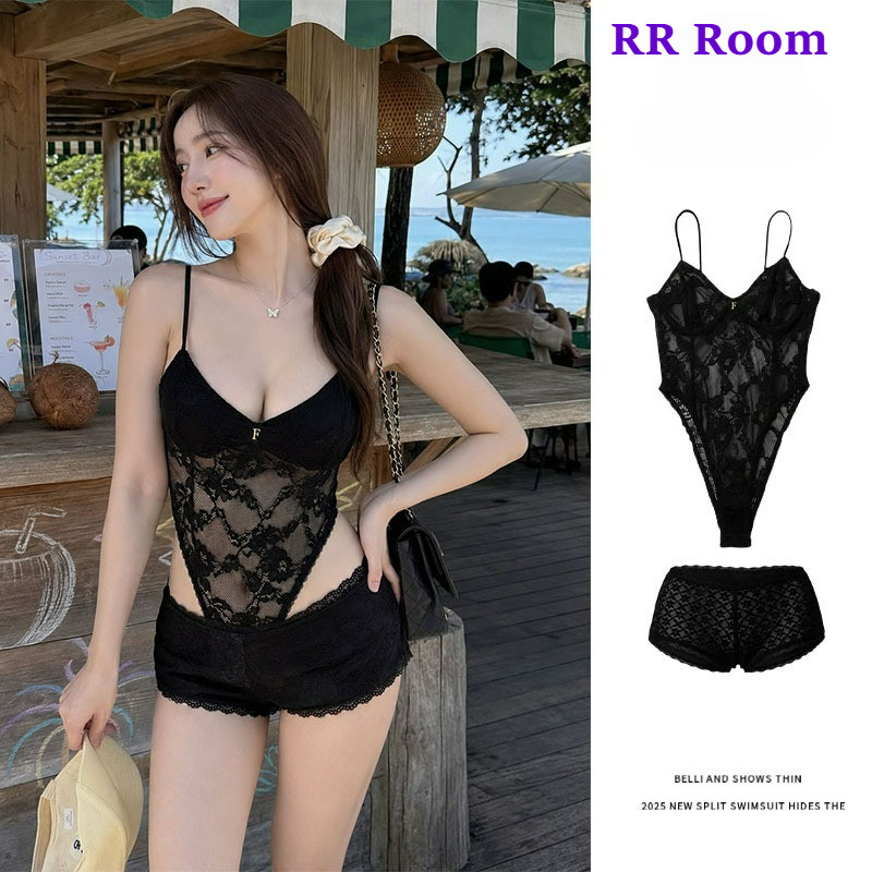 พร้อมส่ง ชุดว่ายน้ำผู้หญิง นพีชลูกไม้ ทูพีช sexy มีฟองน้ำ