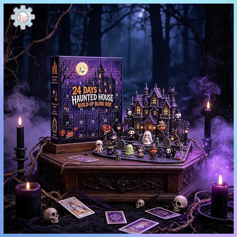 ซ้าย 24 วันฮาโลวีน Haunted House Advent กล่องตาบอด Mini Figures และ Buildable ฉากสําหรับวันหยุดของขวัญ Halloween Party Decor GHT