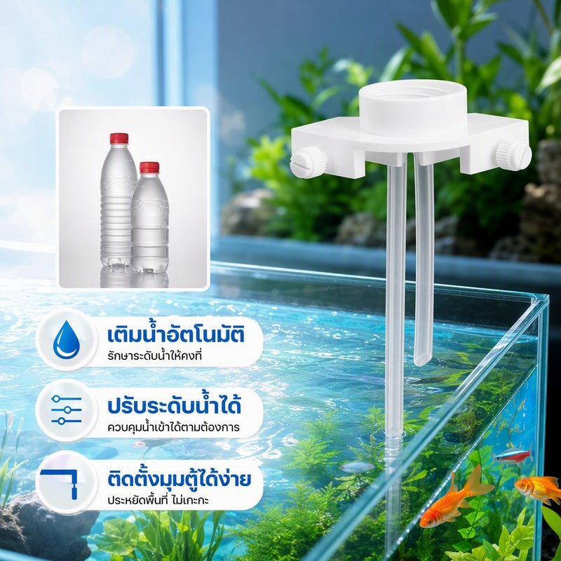 อุปกรณ์เติมน้ำอัตโนมัติ ตู้ปลา แบบเกาะมุม ปรับระดับน้ำได้ พร้อมหัวแปลงขวด ท่อปรับได้ ตู้ไม้น้ำ
