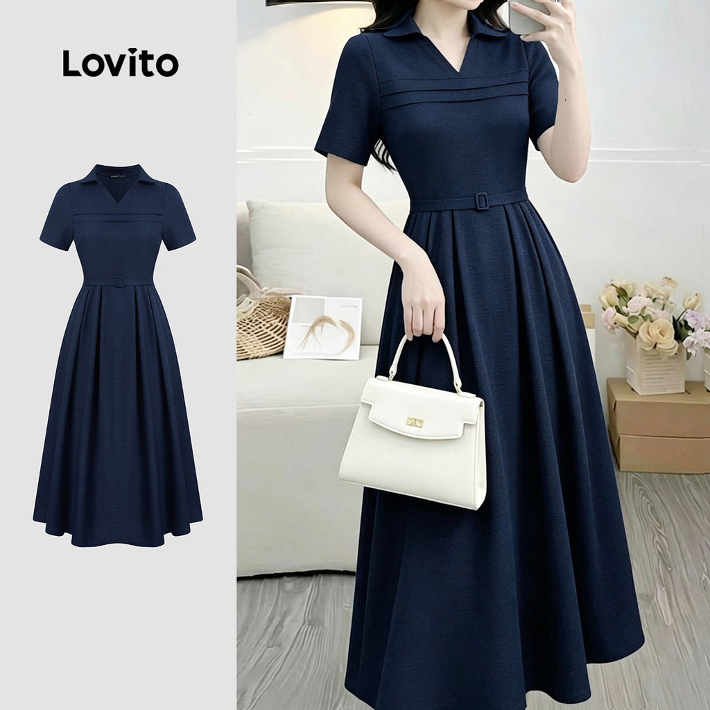 (New Arrival) Lovito เดรสสีเขียวสําหรับผู้หญิง เดรสพลีทสไตล์ลําลอง เหมาะสําหรับฤดูใบไม้ผลิและฤดูร้อน LK7ED605