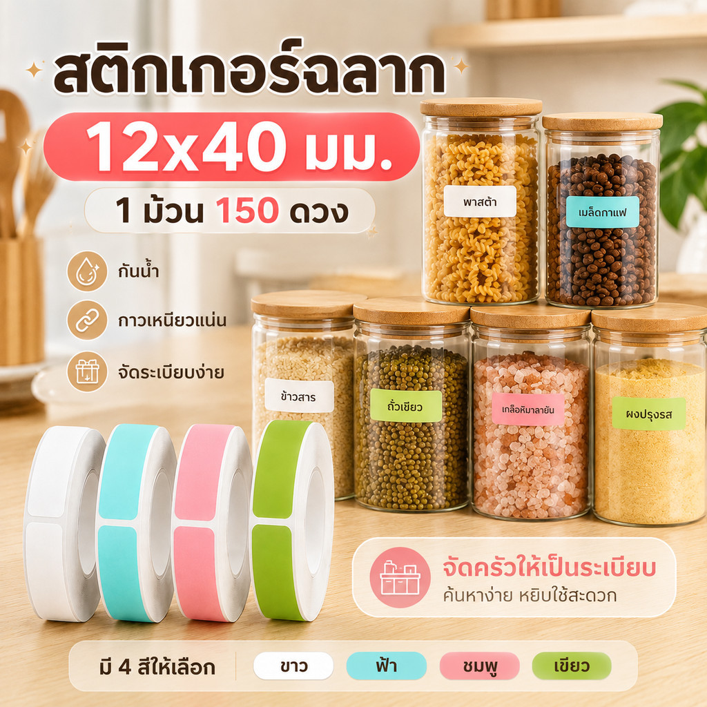 1/3 ม้วน สติกเกอร์ฉลากความร้อน P12 หลากสี กันน้ํา 12x40 มม. สําหรับเครื่องพิมพ์ความร้อน /P15/M1/P50P