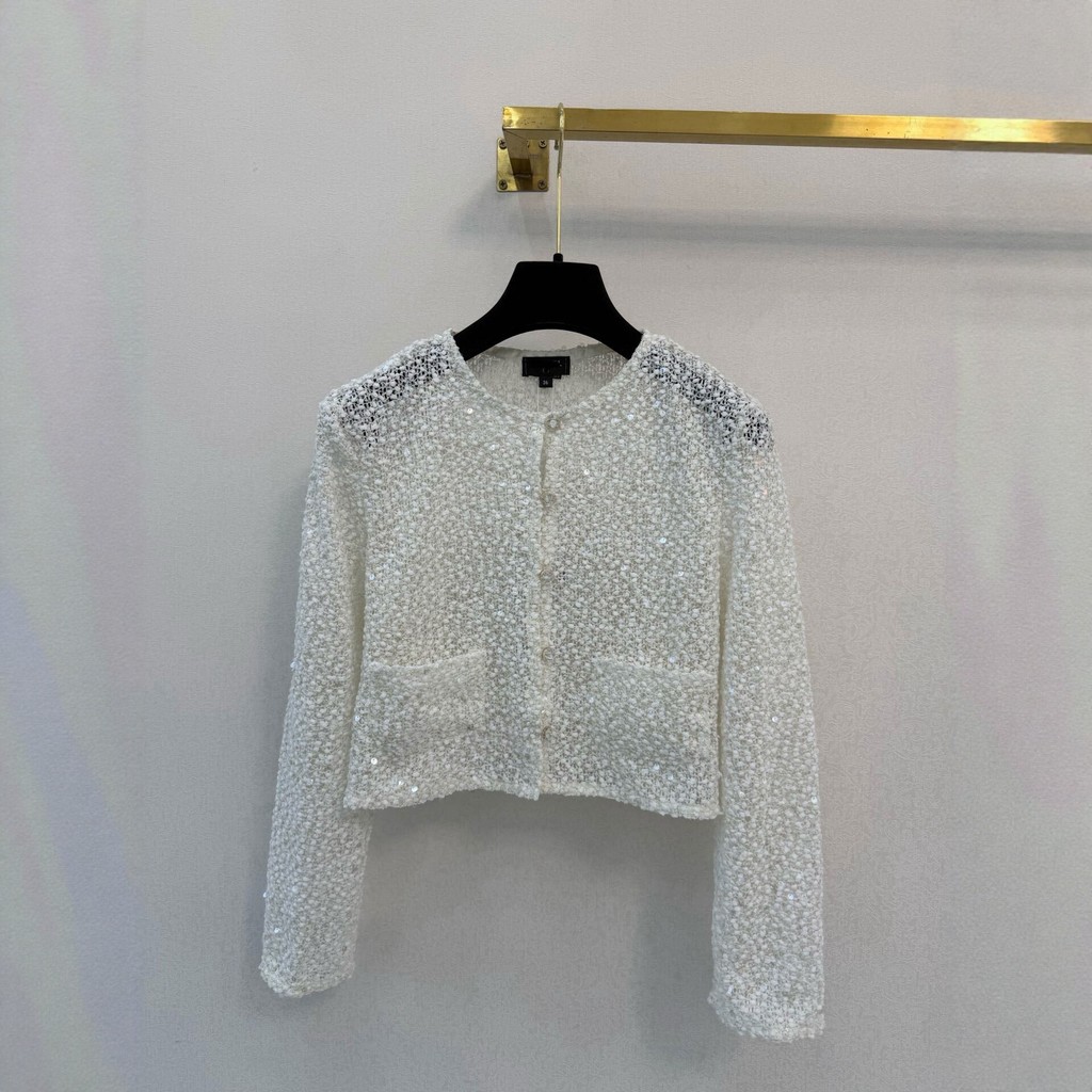 YMBA CC ** ฤดูร้อน Sequined Hollow ถักเสื้อสเวตเตอร์ถักผู้หญิงรอบคอแขนยาวเสื้อแจ็คเก็ตสั้น Top