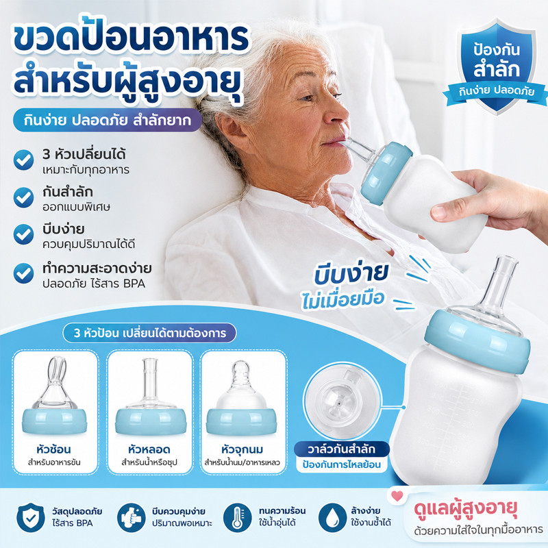 พร้อมส่ง แก้วป้อนอาหารสำหรับผู้สูงอายุ180ml พร้อมหัวเปลี่ยน 3 แบบ ป้องกันการสำลัก แก้วดื่มน้ำสำหรับผู้ป่วยติดเตียง