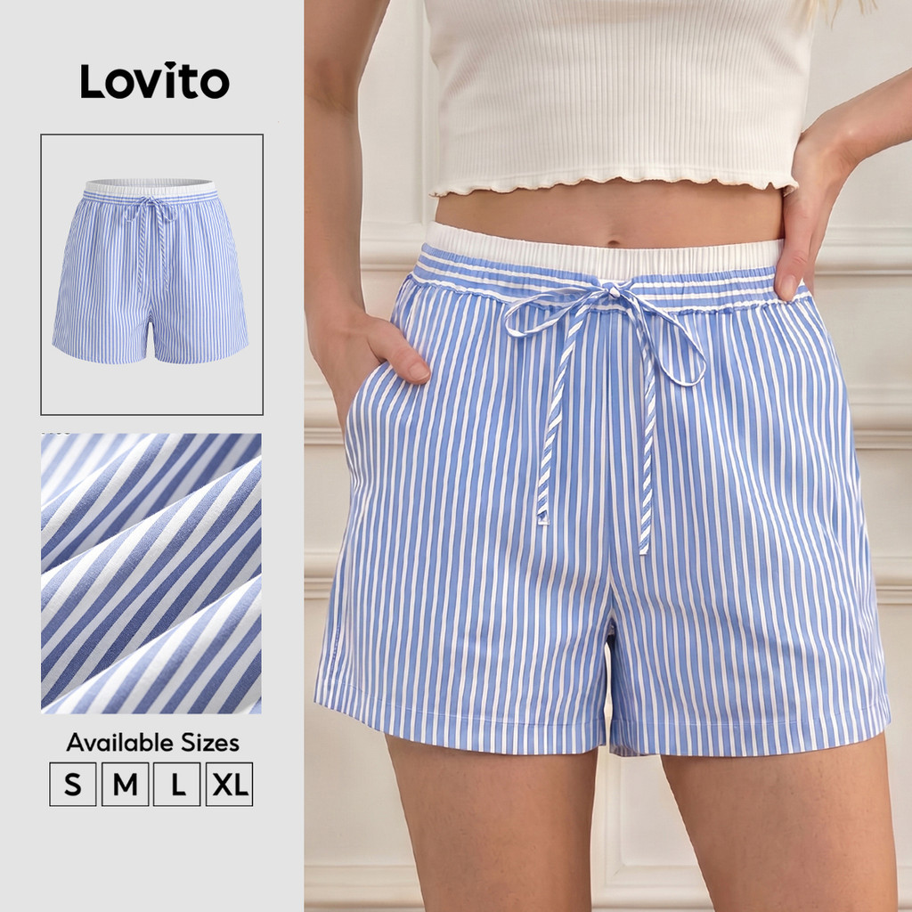 Lovito กางเกงขาสั้น ผ้าปักลายทาง สไตล์แคชชวล สำหรับผู้หญิง LBL19096