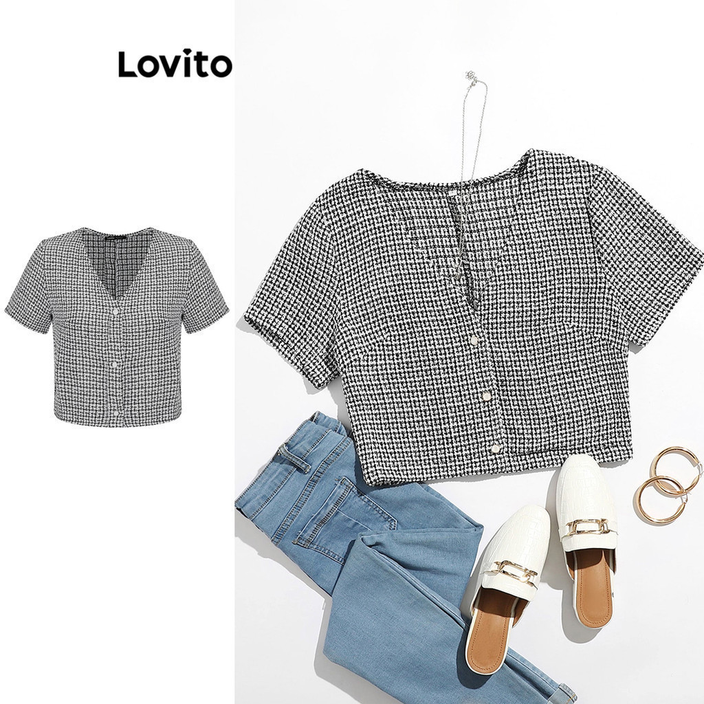 Lovito สง่างาม เสื้อเสื้อกระดุม หมาล่าเนื้อ สําหรับผู้หญิง เกาหลี อินเทรนด์ L70AD011 (ขาวดํา)