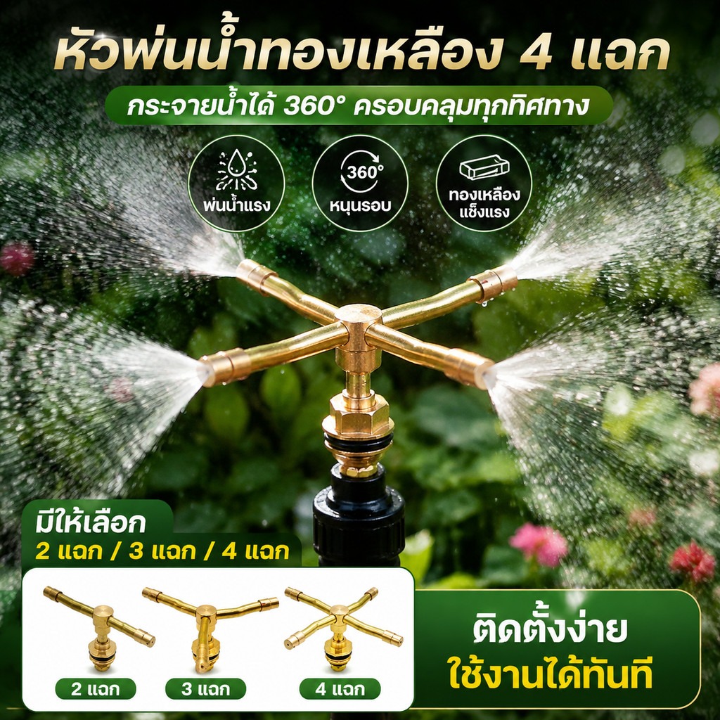 หัวสปริงเกอร์ทองเหลืองหมุน 360° เกลียวนอก 1/2 นิ้ว อัตโนมัติ ใช้รดน้ำและพ่นสารเคมีได้ อเนกประสงค์ 1 ชิ้น