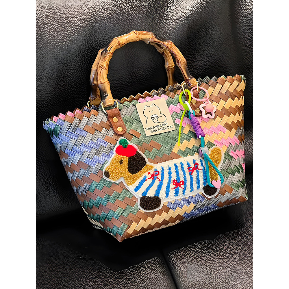 กระเป๋าถือ To Rolly~A สวยสุดๆ!Retro กันน้ํา Dachshund สุนัขตะกร้าผักเลียนแบบหวาย Tote Bag