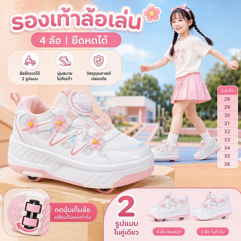 รองเท้าสเก็ตเด็ก รองเท้าล้อสเก็ต ล้อซ่อนยืดหดได้ ยูนิเซ็กส์ นุ่มใส่สบาย ไปโรงเรียน ไซซ์ 34