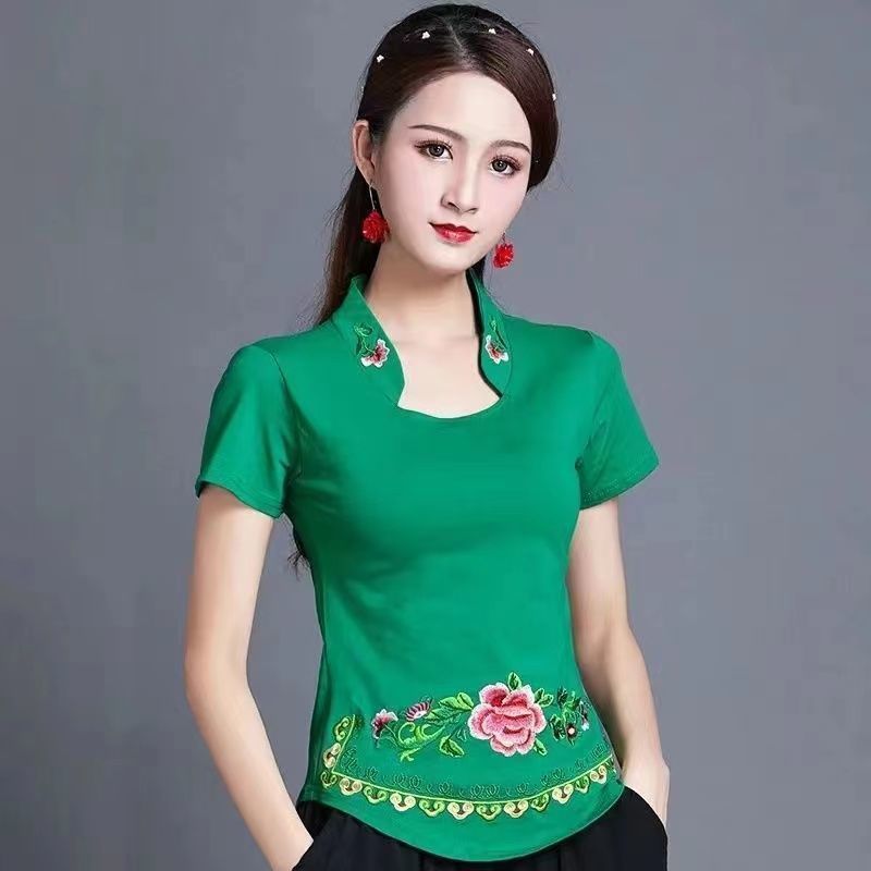 ใหม่ฤดูร้อนเสื้อยืดแขนสั้นผู้หญิงเสื้อยืดแขนสั้น Retro Retro Retro Retro Retro Retro เย็บปักถักร้อยผ