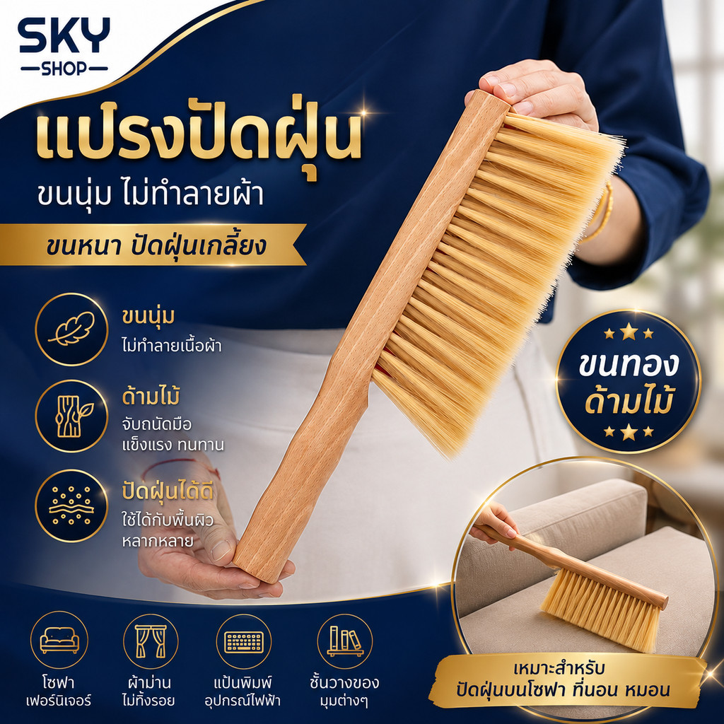 SKY ไม้ปัดฝุ่น ทำความสะอาด โซฟา หมอน พรม ขนนุ่ม ที่นอน ไม่ทำลายเนื้อผ้า ไม้ปัดอเนกประสงค์ Duster