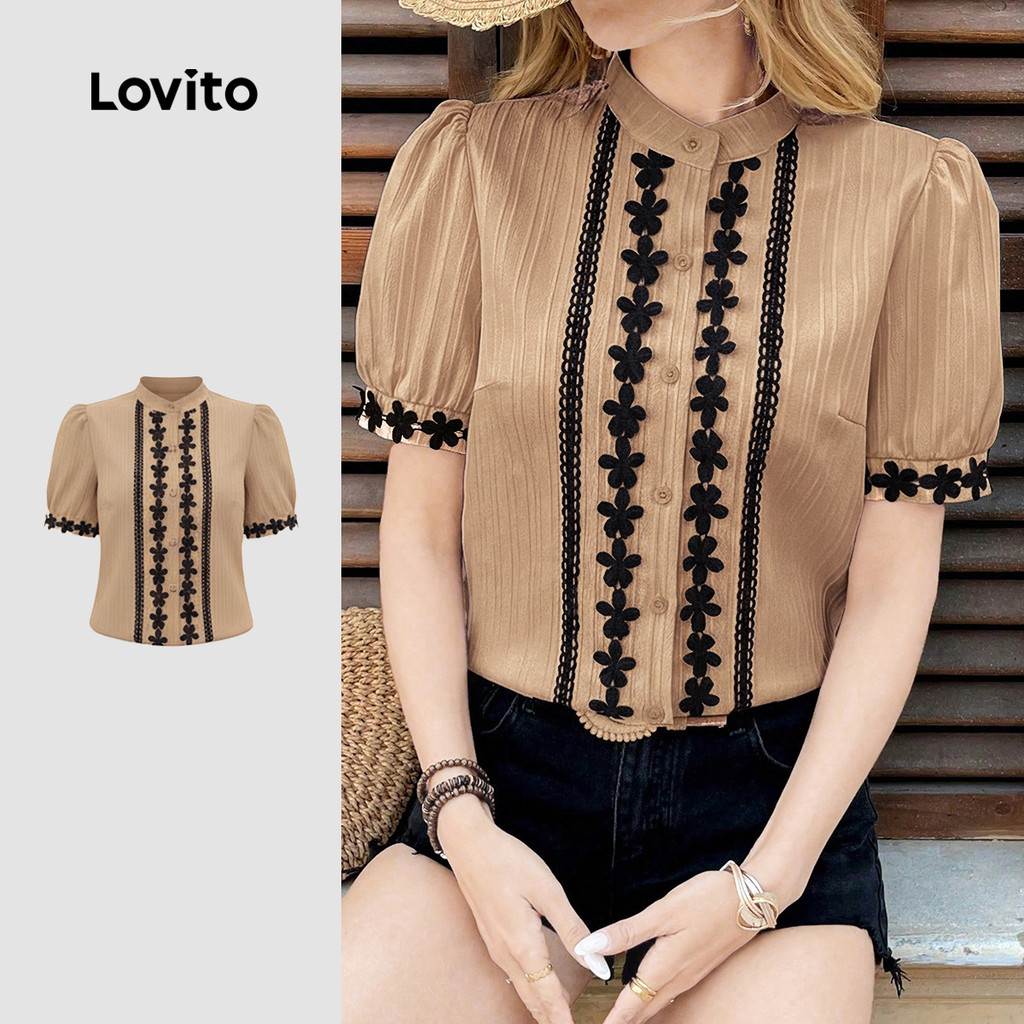Lovito เสื้อเชิ้ตแขนพอง คอตั้ง คอระบาย สีสันสดใส สำหรับวันหยุดพักผ่อน ฤดูใบไม้ผลิ/ฤดูร้อน สำหรับผู้หญิง LR35E358