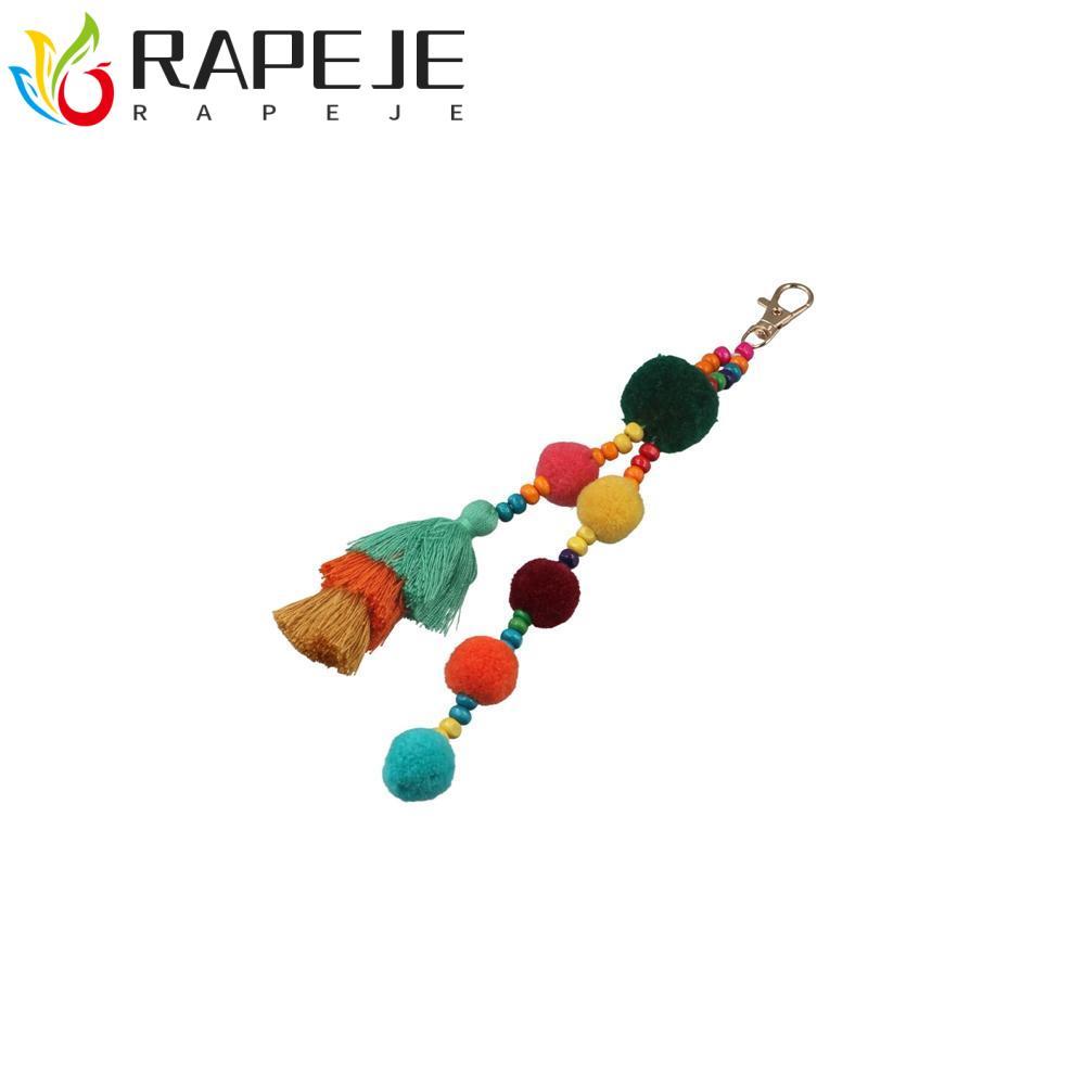 RAPEJE Boho สไตล์พวงกุญแจ, Boho สไตล์พู่ Boho ผม Ball พู่พวงกุญแจ, Boho เครื่องประดับสีไล่ระดับสีสีส