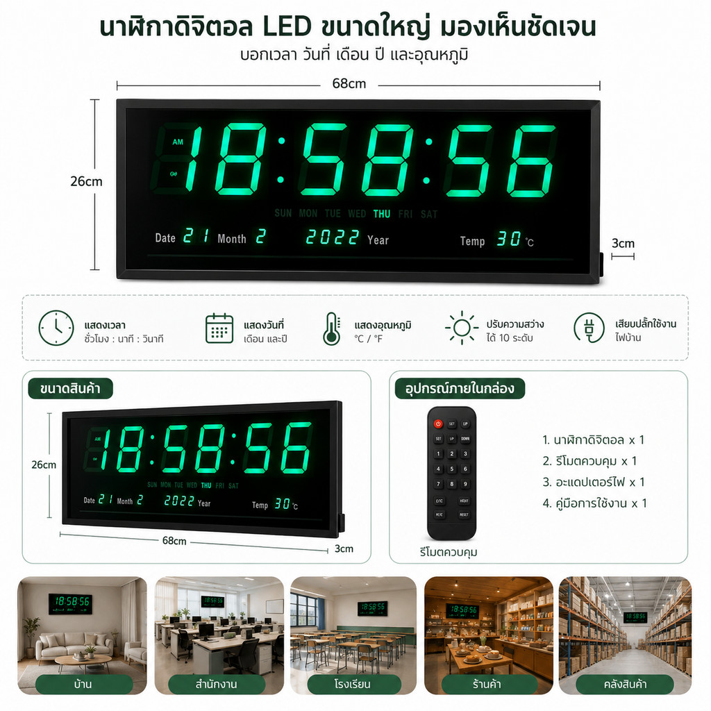 นาฬิกาดิจิตอล ตั้งโต๊ะหรือแขวน(JH6826) 68.5x26x3cm นา LED DIGITAL CLOCK