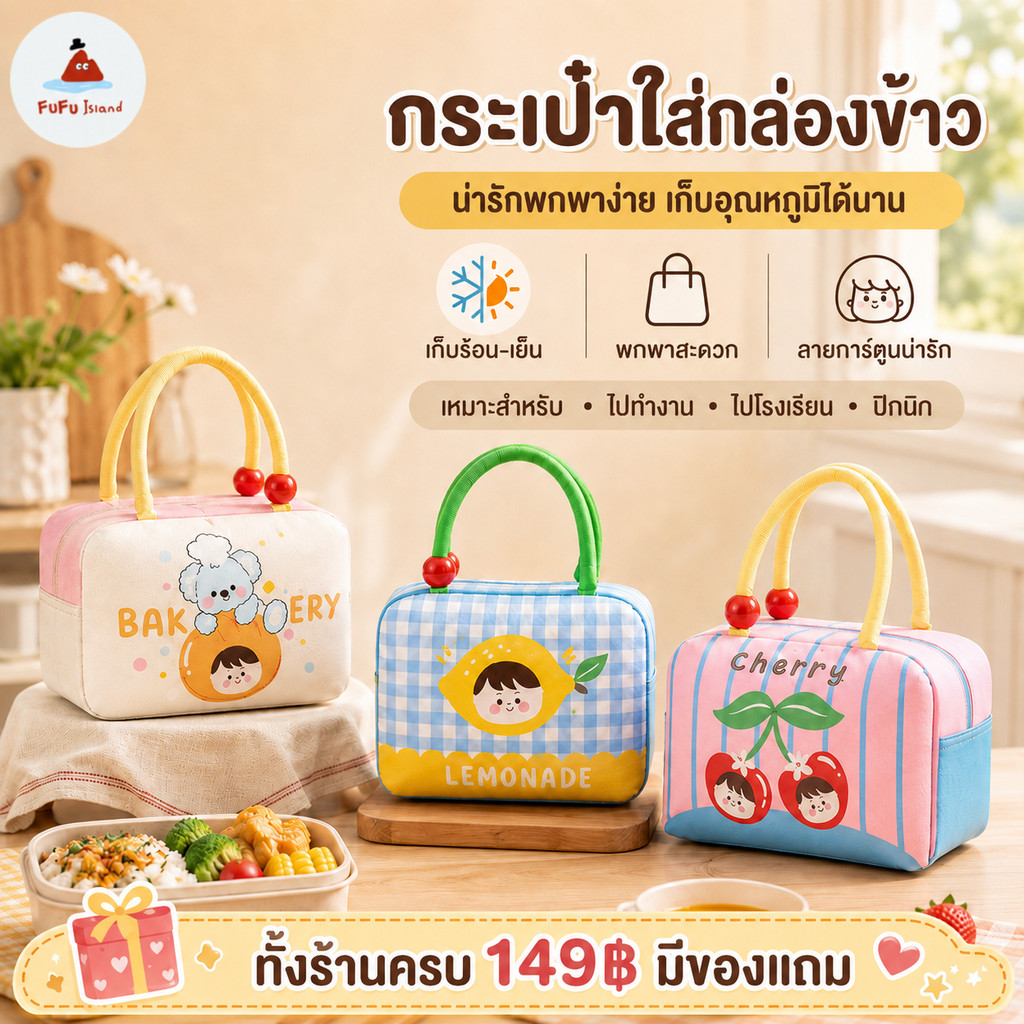 กระเป๋าเก็บอุณหภูมิ ใส่กล่องข้าว เก็บร้อน-เย็น ลายการ์ตูนน่ารัก มีหูหิ้ว พกพาไปทำงาน โรงเรียน ปิกนิก