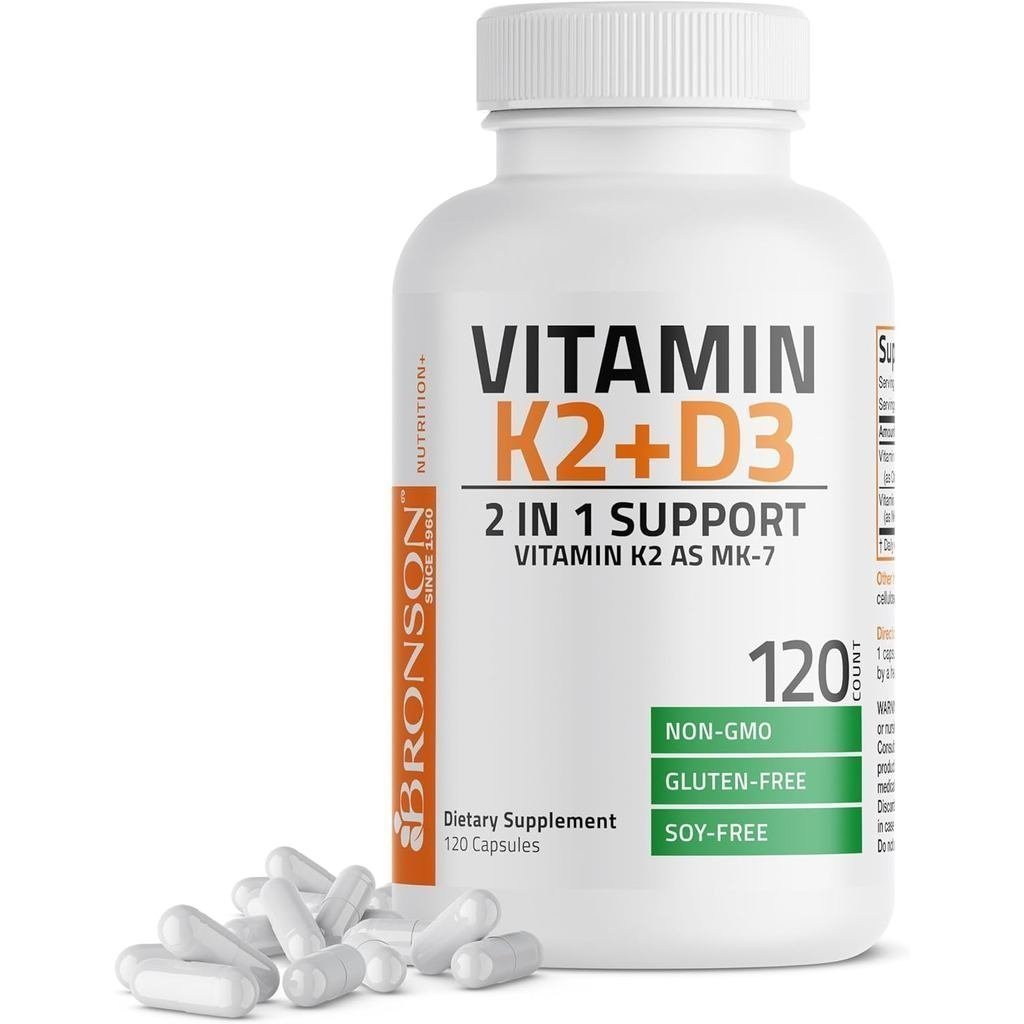 Bronson Vitamin K2 (MK7) พร้อม D3 Non-GMO Formula 5000 IU Vitamin D3 & 90 mcg K2 MK-7 Easy to Swallo