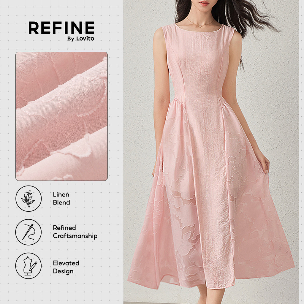 (New Arrival) (Refine by Lovito) เดรสทำงาน ผ้าตาข่ายลินิน นุ่มลื่น ต่อผ้า ลายจาการ์ด สองชั้น เดรสสีชมพูอ่อน ผู้หญิง ฤดูใบไม้ผลิ-ฤดูร้อน DRR42P1D035