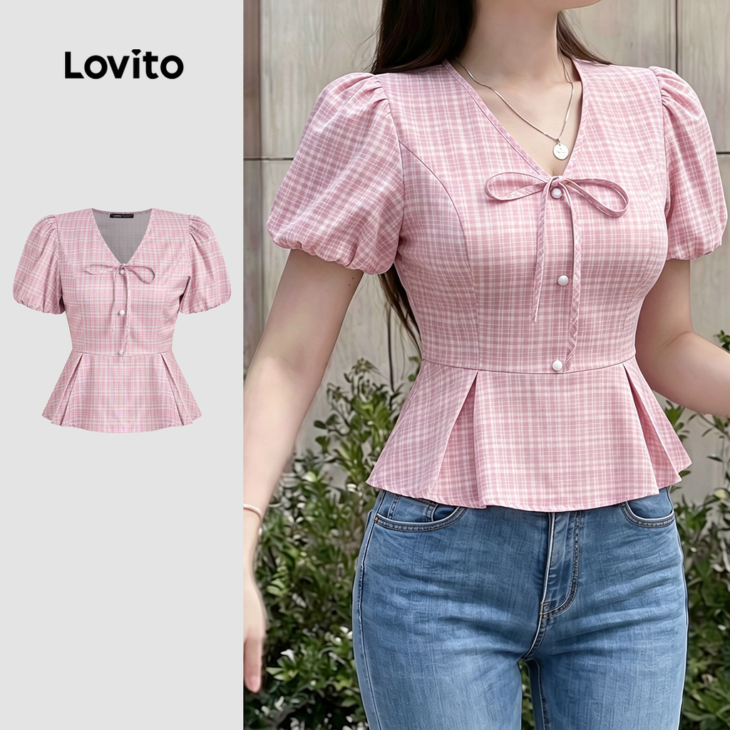 (New Arrival) Lovito เสื้อเชิ้ตผู้หญิงสีชมพู สไตล์ลําลอง ผูกโบว์ ซิป เหมาะกับฤดูใบไม้ผลิ/ฤดูร้อน BLK