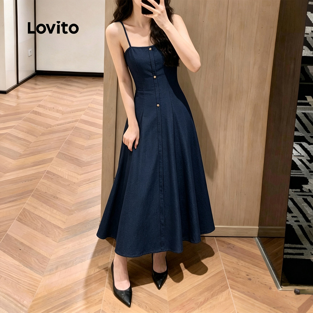 Lovito فستان نسائي كحلي بأزرار — صورة 4