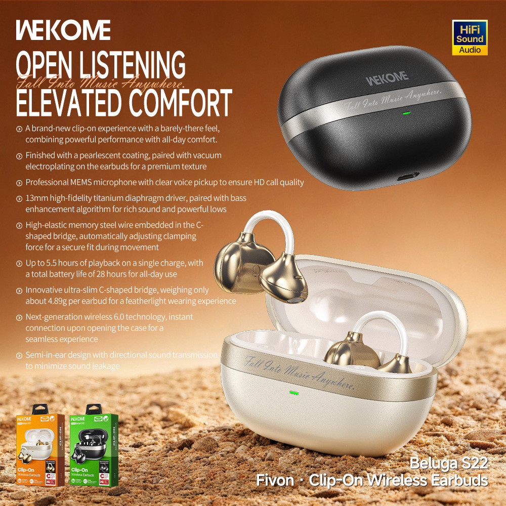 WEKOME Extraordinary Clip-On 6.0 ชุดหูฟังบลูทูธสเตอริโอ High Ear Clip-On ชุดหูฟัง Beluga S22