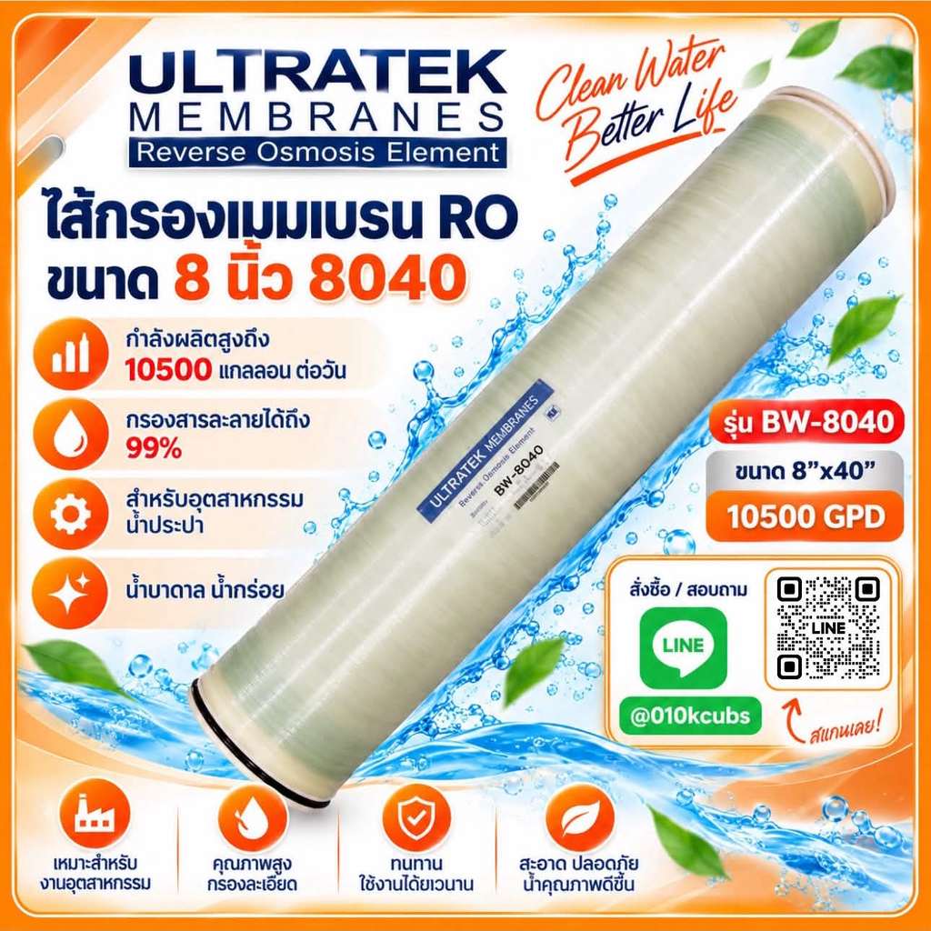 ULTRATEK ไส้กรองน้ำอุตสาหกรรม BW-8040 10500GPD LP-8040 RO Membrane ไส้กรองเมมเบรน 8040 ไส้กรองน้ำ  T