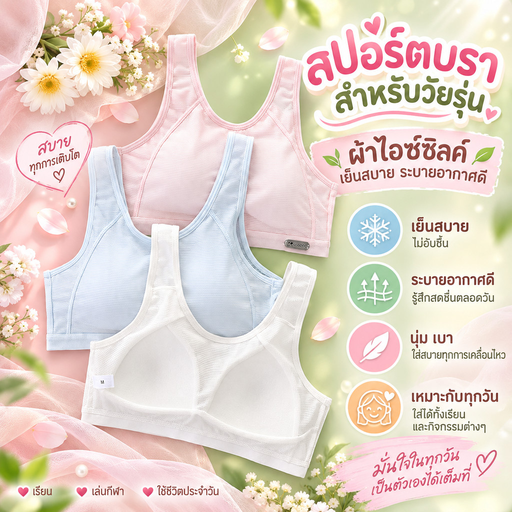 ชุดชั้นใน เด็กผู้หญิง 13-16 ปี เหมาะสำหรับเด็กอายุ7 8 9 10 11 12 14 15 17 ปี，ชุดชั้นในเด็ก ผ้าไอซ์ซิลค์ นุ่ม สบาย ระบายอากาศดี เย็นสบาย ไม่อับชื้น，เหมาะสำหรับนักกีฬาและนักเรียน มีสีขาว ชมพูฟ้าและเทา，คัพด้านในแบบคงที่ + สายสะพายไหล่กว้าง，หลังสวยไร้ร่องรอย