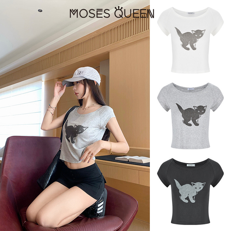 MOSESQUEEN تيشيرت بطباعة قطة سوداء ريترو — صورة 8