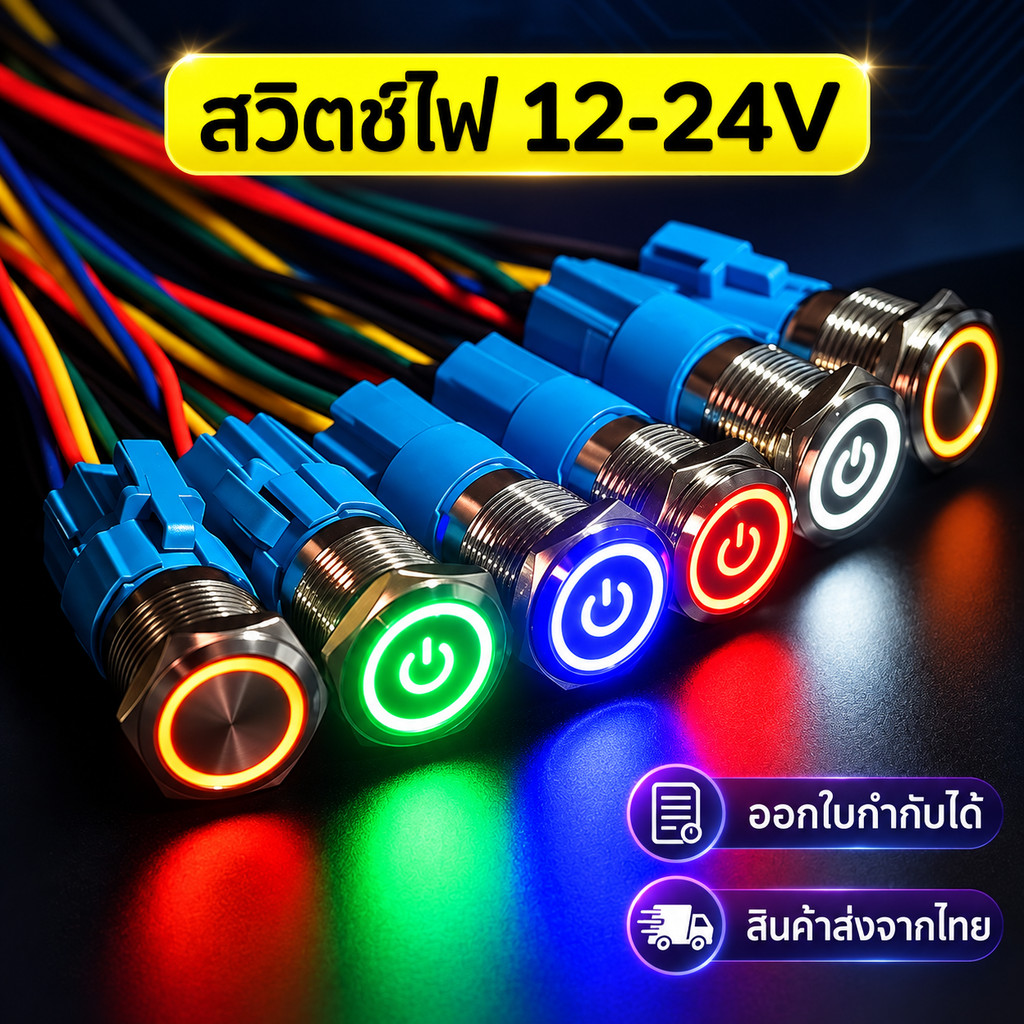 สวิตช์ไฟ สวิตช์ปุ่มกดโลหะมีไฟ DC 12-24V แบบกดติด-กดดับ กันน้ำ แข็งแรงทนทาน ขนาด 12mm / 16mm / 19mm / 22mm