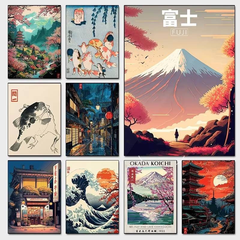 Vintage ญี่ปุ่น Fuji Blossom โปสเตอร์ภาพแมวนามธรรม Ukiyo-E สำหรับตกแต่งผนังห้องนั่งเล่น