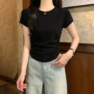 Hotgirl พร้อมส่ง เสื้อยืดผู้หญิง เสื้อแฟชั่น ผ้ายืดรูปทรงสวย น่ารัก ด้านข้างออกแบบจีบ แขนสั้นคอกลม สไตล์ย้อนยุคเกาหลี