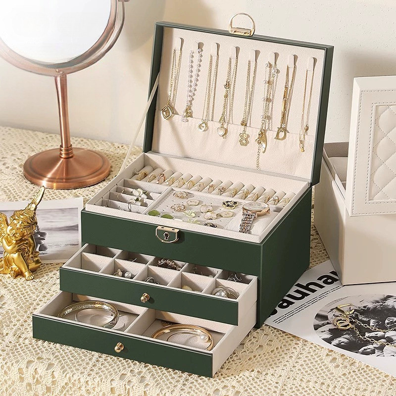 3 ชั้น กล่องเก็บเครื่องประดับ PU พรีเมียม คุณภาพสูง เก็บต่างหู สร้อยคอ แหวน กันฝุ่น แบบลิ้นชัก - รูปที่ 2