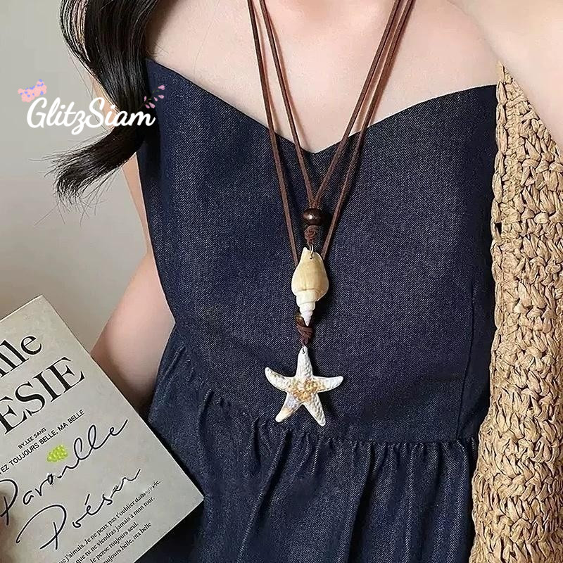 Glitzsiam⭐⭐สร้อยคอรูปปลาดาวสำหรับผู้หญิง สร้อยคอชายหาดทำมือ จี้เปลือกหอยและปลาดาว สไตล์โบฮีเมียน ราคาถูก ส่งไวจากไทย