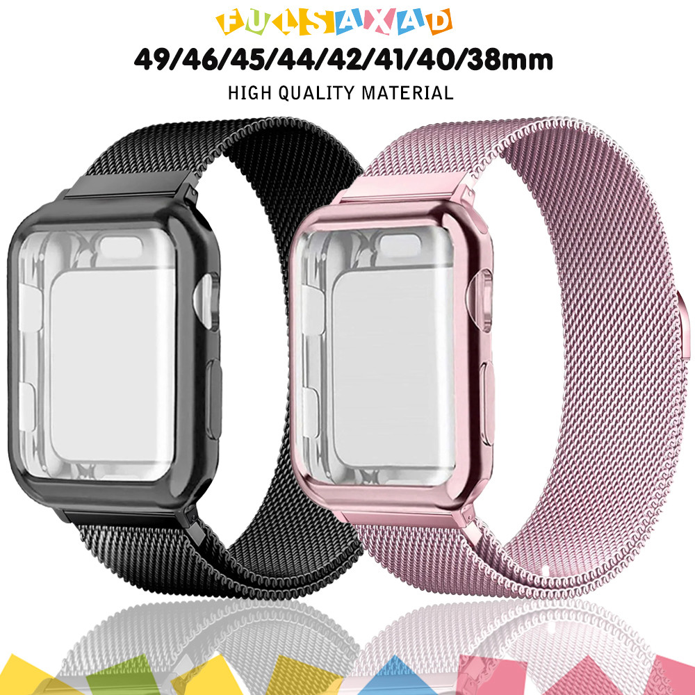 กรณี TPU ครอบคลุมสายรัดลูป Milanese สำหรับ for Apple Watch Ultra / SE 3 2 49 46 45 44 42 40มม Iwatch Series 11 10 9 8 7