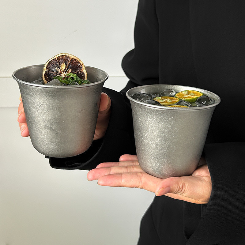 复古美式磨砂食品级不锈钢咖啡杯水杯冷饮杯加厚宽口杯工业风杯子Vintage American Frosted Food Grade Stainless Steel Coffee Cup堡迪斯厨房用品K