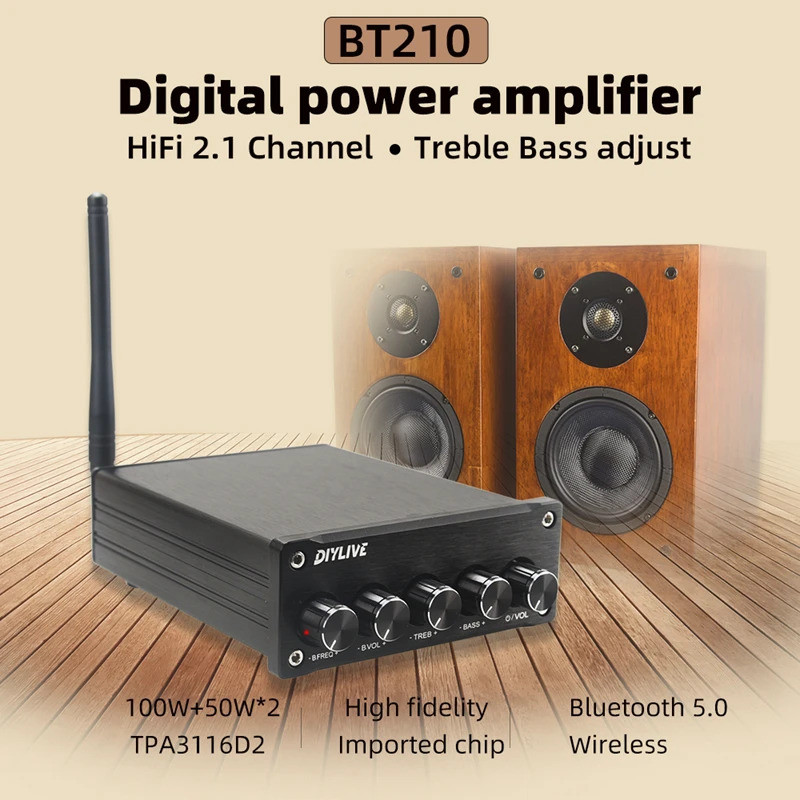 DIYLIVE BT210 HiFi 2.0 เครื่องขยายเสียงดิจิตอลเต็มรูปแบบ 100W*2 บลูทูธ 5.0 TPA3116 เสียงแหลมและเบสปร