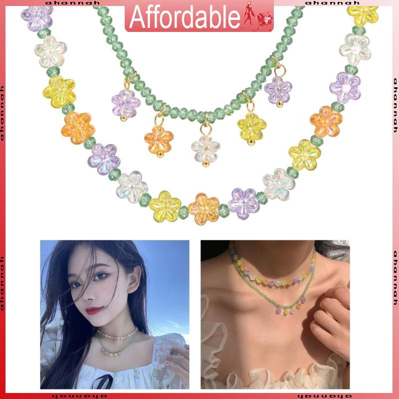 AH Y2K เรซิ่นดอกไม้ลูกปัดจี้สร้อยคอยาวสไตล์ Egirl Punk Grunge