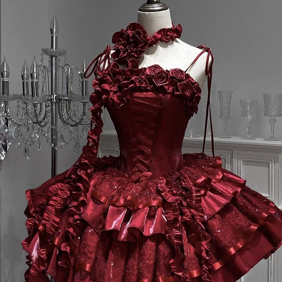 Lolita Sling lolita สไตล์ใหม่สีดํา Blue Gothic Dark Fishbone Dress Dress Dress