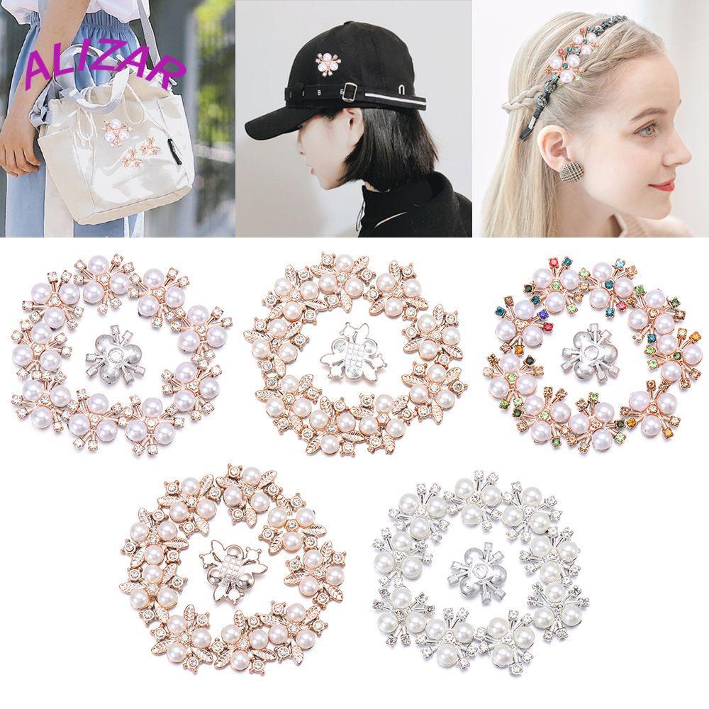 ALIZAR 10PCS Pearl ปุ่มเครื่องแต่งกายเย็บคริสตัลดอกไม้ Pearl Hairpins