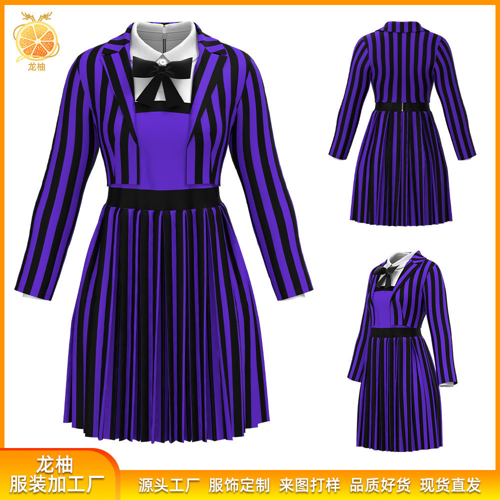 ชุดคอสเพลย์ Addams Family Wednesday สำหรับฮาโลวีน ลายเส้นสำหรับผู้หญิง