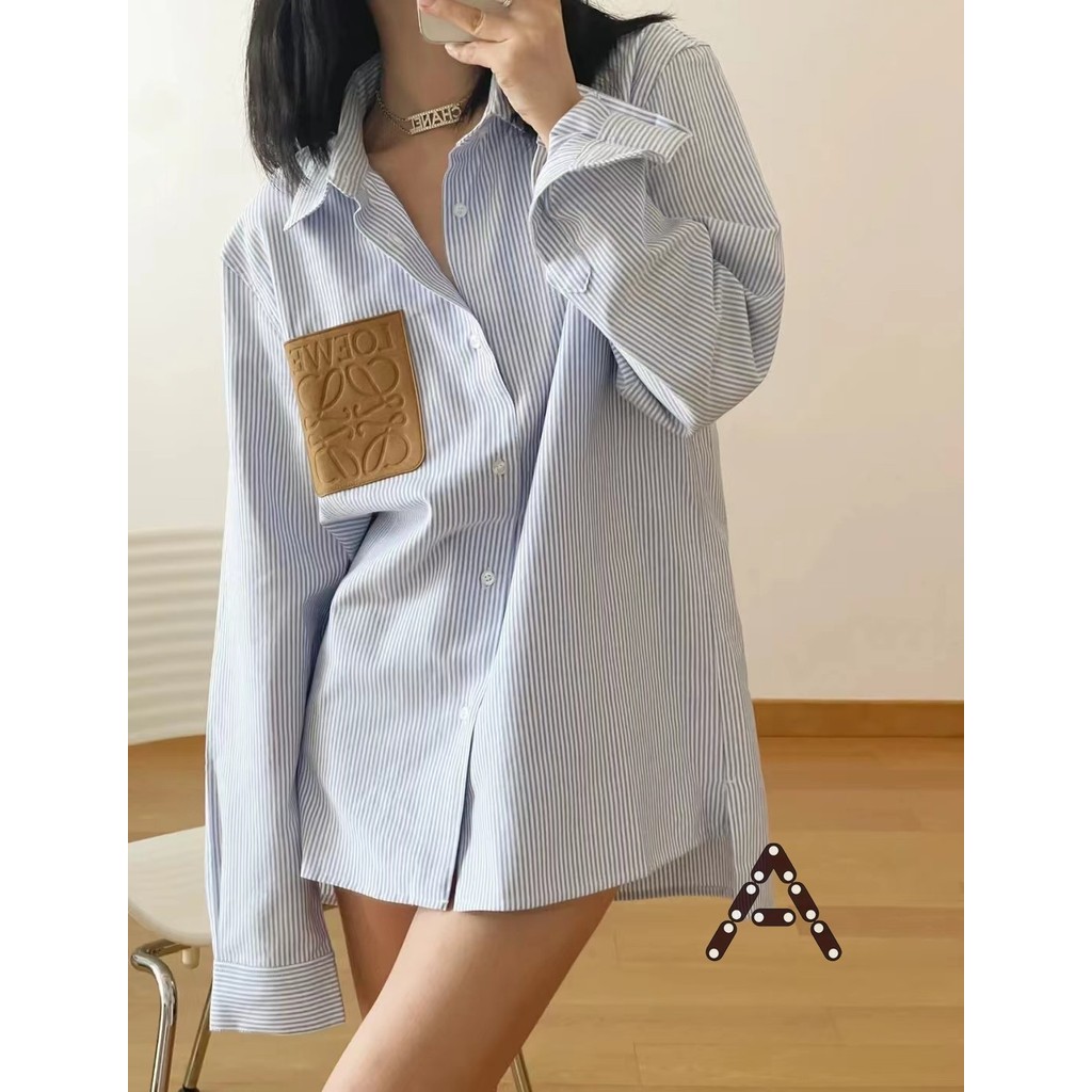 LOEWE/LOEWE สไตล์ใหม่ลายเย็บกระเป๋าโลโก้ตัวอักษรเสื้อเชิ้ตผู้ชายเสื้อแจ็คเก็ตผู้หญิง