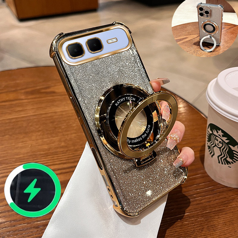 เหมาะสําหรับเคสโทรศัพท์ infinix smart 10 plus พร้อมสี่มุม anti drop CD วงเล็บแม่เหล็กแฟลชแป้งใส soft shell dual-use 023