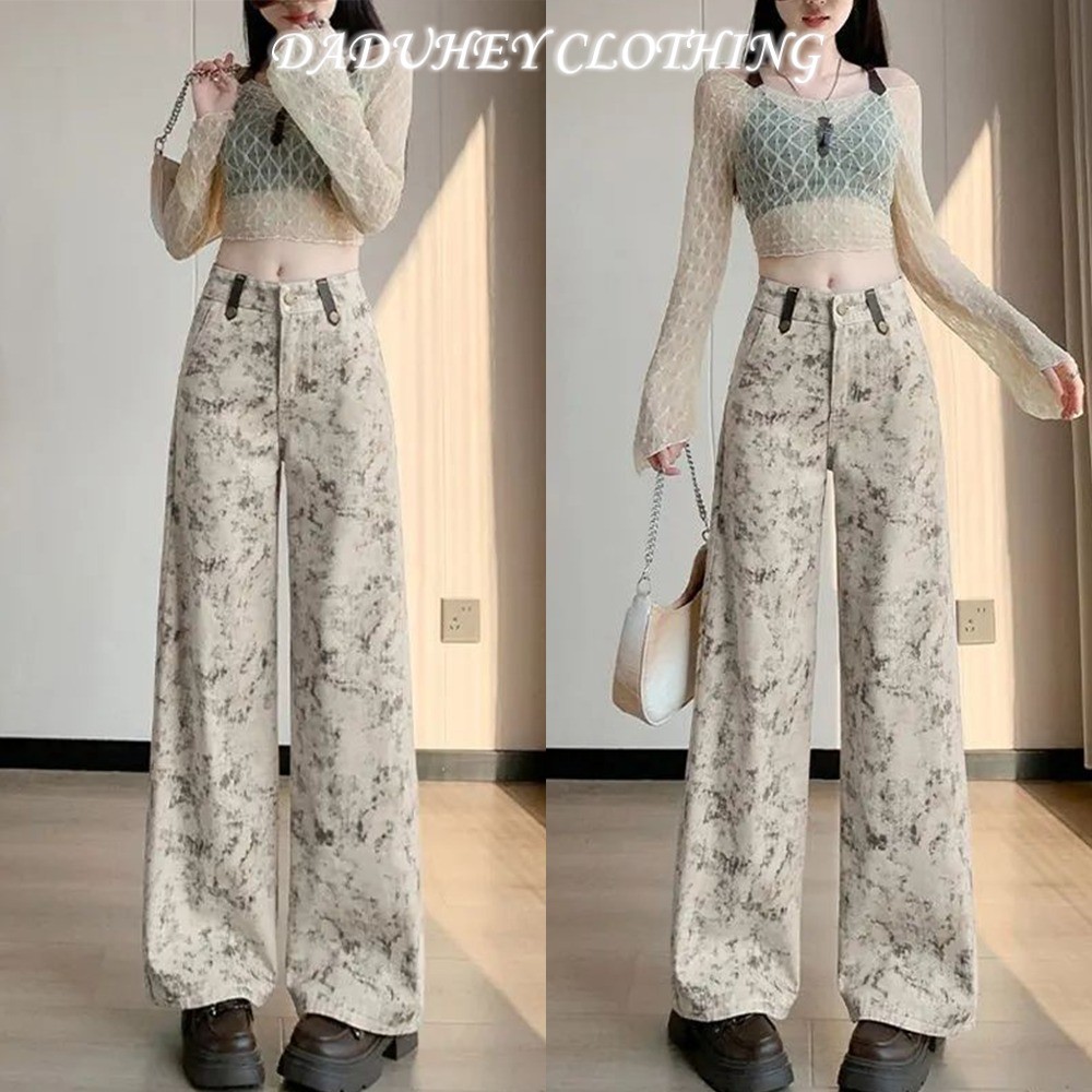 New Women's Jeans Tie-Dyed Printed Fashionable Wide-Leg Pants Easy to Match