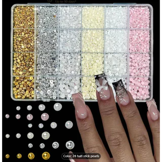 Nail Art สติ๊กเกอร์ติดเล็บอุปกรณ์ทําเล็บ DIY Pearl ความสว่างสูงผสม Mini ขนาด 24 ตารางครึ่งรอบ Beige สีชมพู ทองคําขาวเงิน KOUDAN