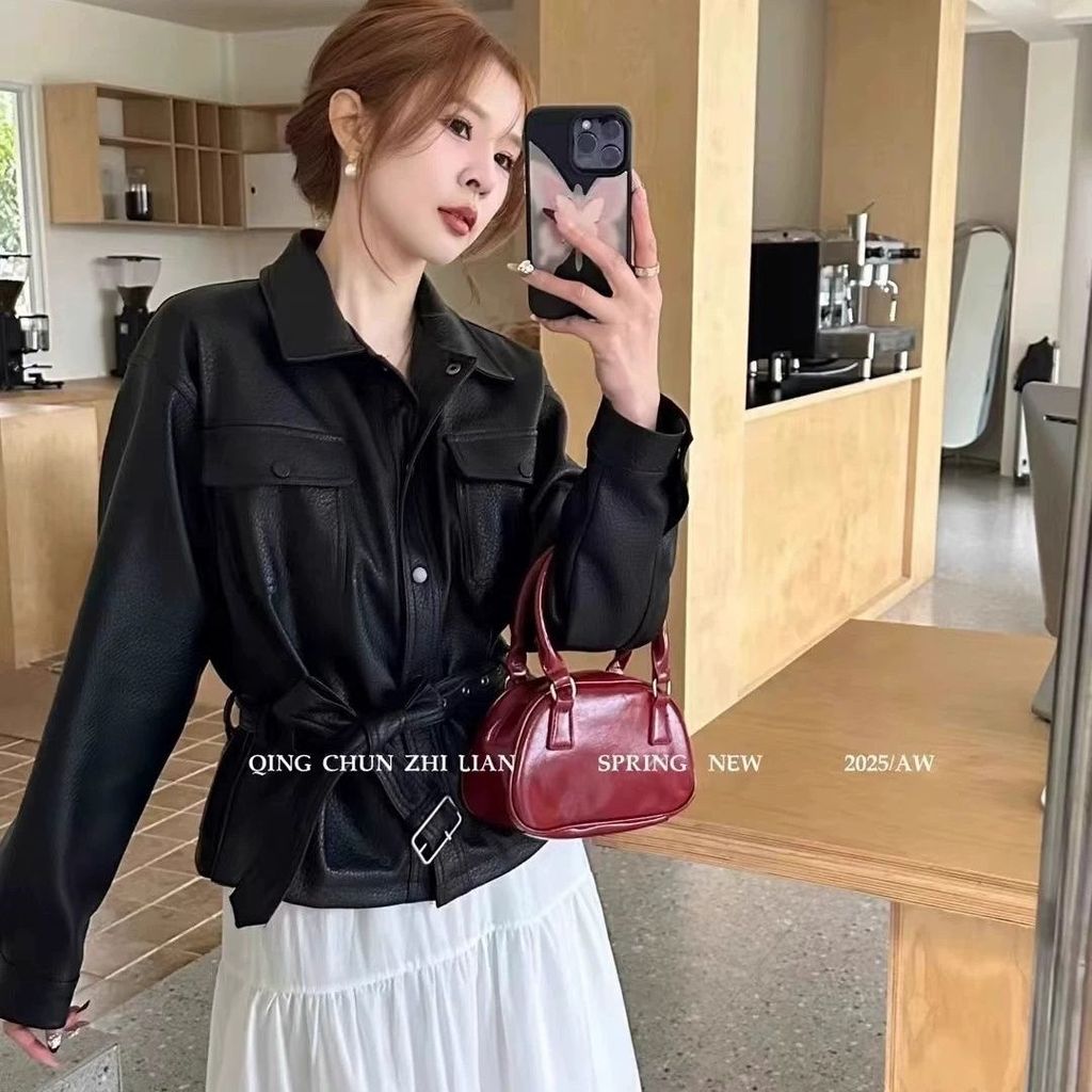Lapel Single-Breasted สั้น PU หนังแจ็คเก็ตผู้หญิงฤดูใบไม้ผลิสวมใส่หลวม Lace-Up แคบ-เอวเสื้อแจ็คเก็ต 