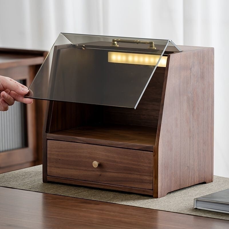 Walnut Shelf Desktop Small Tempered Glass Antidust Bogu Shelf Solid Wood Simple Pullout