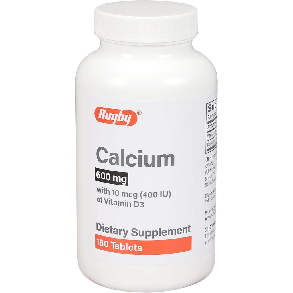 Rugby 600mg Calcium Tablets - ผลิตด้วย 10mcg (400IU) ของวิตามิน D3 - ผลิตภัณฑ์เสริมอาหาร - 180 นับ (