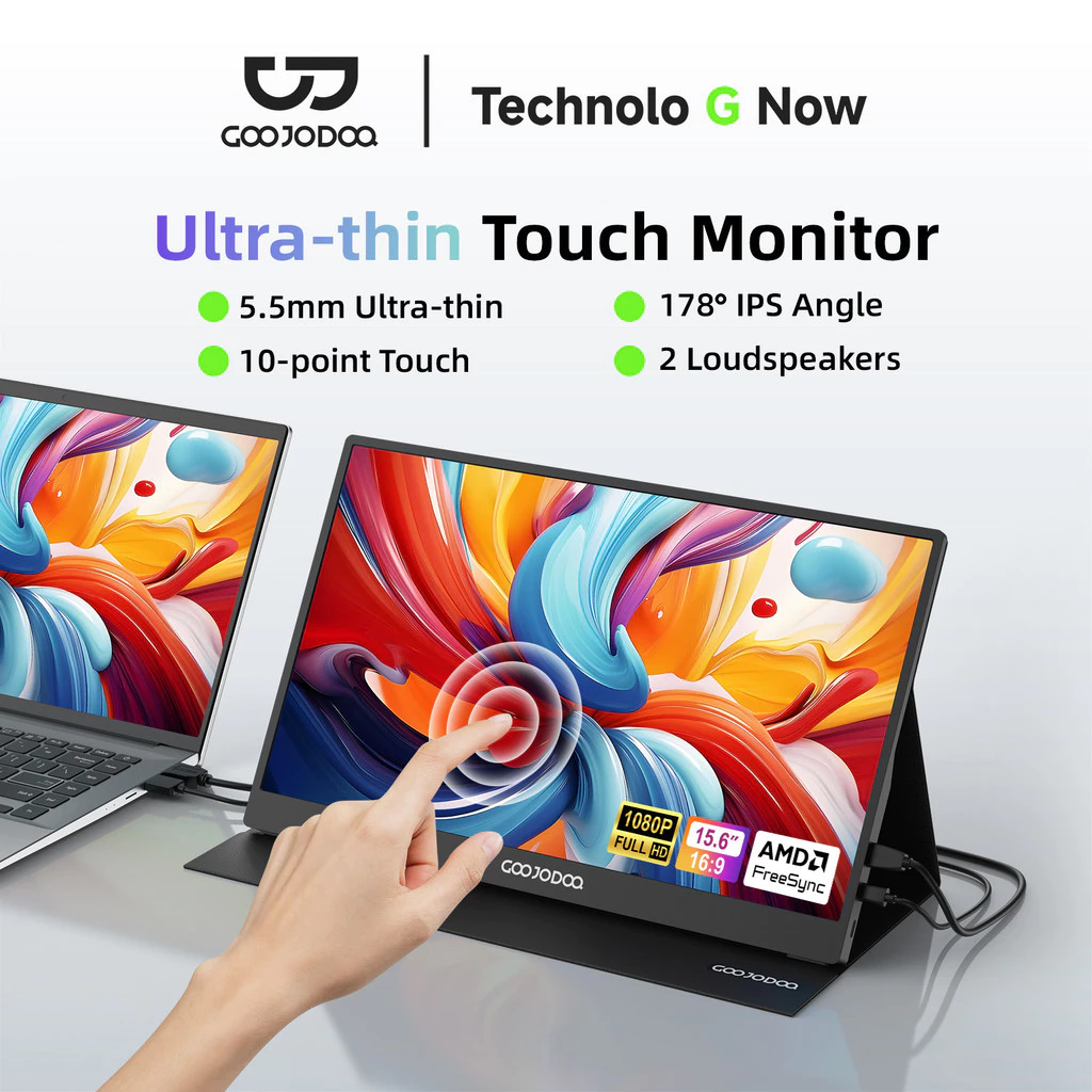 GOOJODOQ 15.6'' Ultra-thin Touch Monitor Stunning 1080P Full HD Display Magnetic Detachable Cover Wide Compatibility