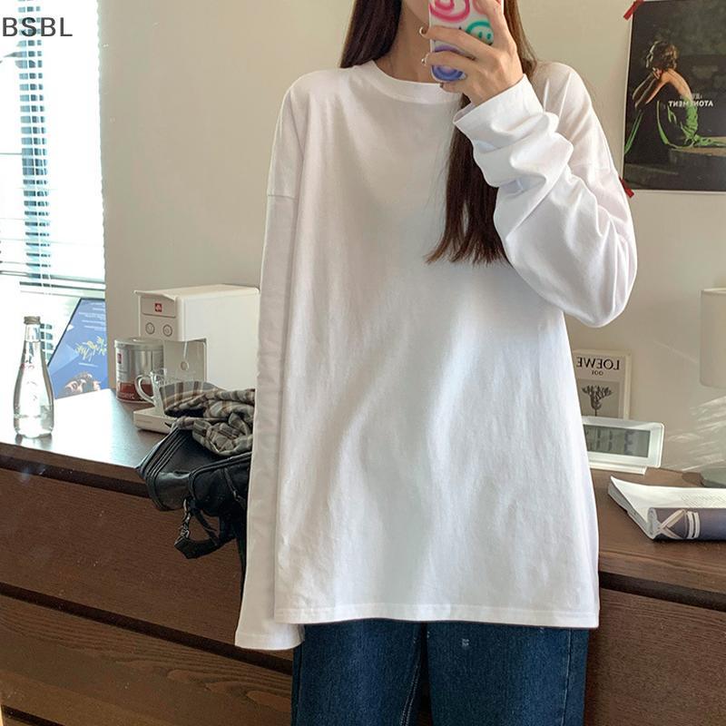BSBL ยืดแขนยาวรอบคอสีทึบ สไตล์ mourning top สำหรับผู้หญิง